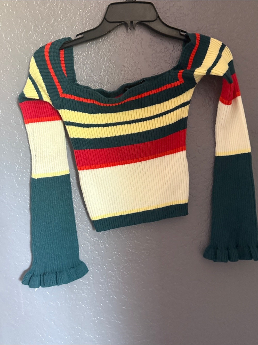 Zaful Teal, Cream & Red Striped Off-Shoulder Ribbed Crop Top
